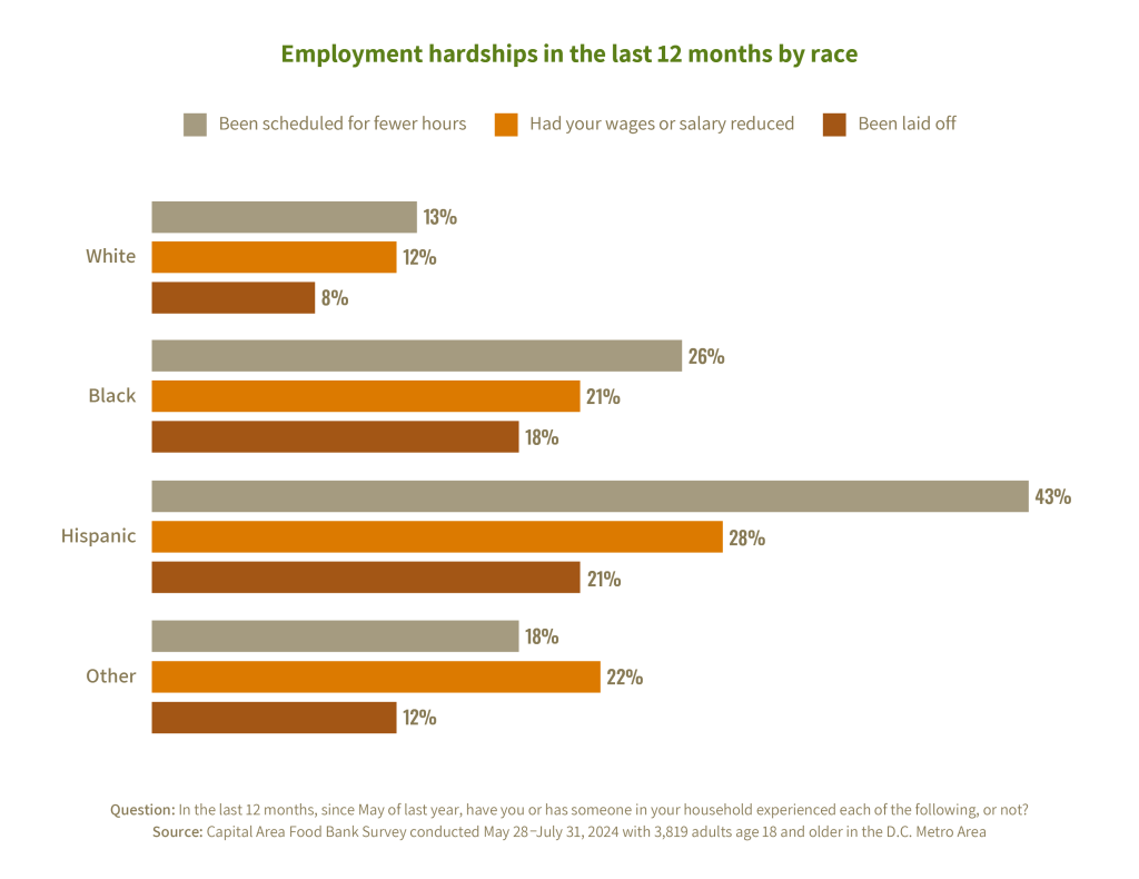 A bar chart showing the prevalence of different employment hardships by race.