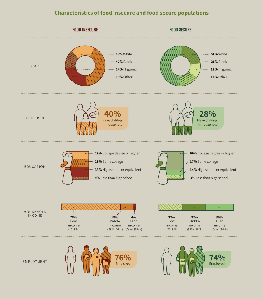 A comparison of the racial composition, household structures, educational attainment, income, and employment of the food insecure and food secure populations.